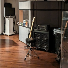 Large Live Room with moveable isolation and Studio Gear